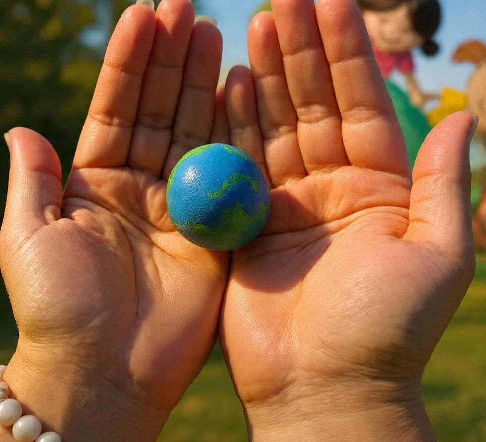 Hands hold a small blue-and-green Earth-like ball outdoors, with a blurred child in the sunny background.