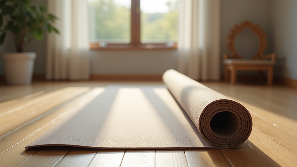 Eye-level view of a peaceful yoga mat rolled out on a wooden floor