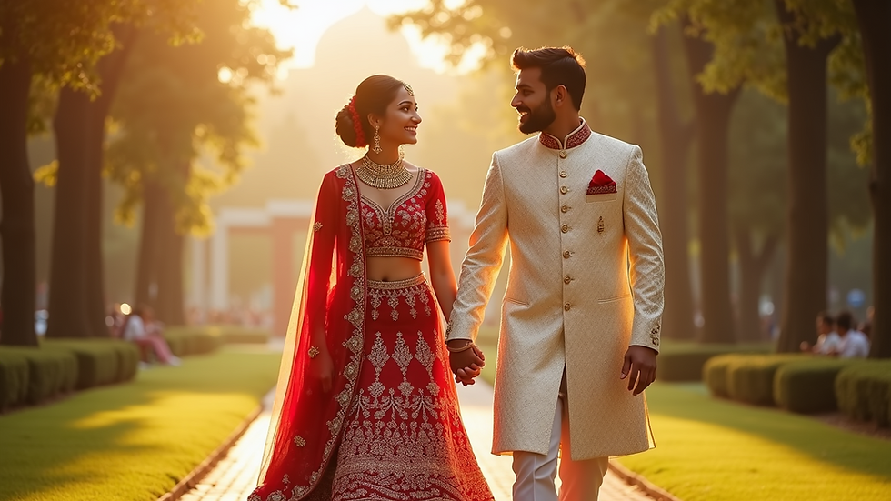 Eye-level view of a couple walking hand in hand in a sunlit park