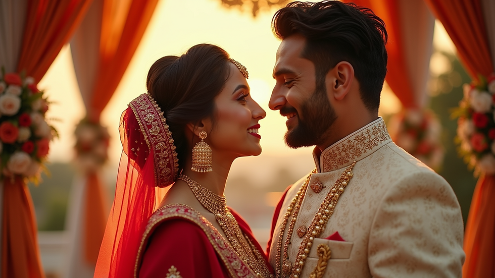 Eye-level view of a bride and groom sharing a quiet moment