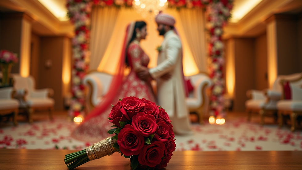 Eye-level view of a bride’s bouquet resting on a wooden table