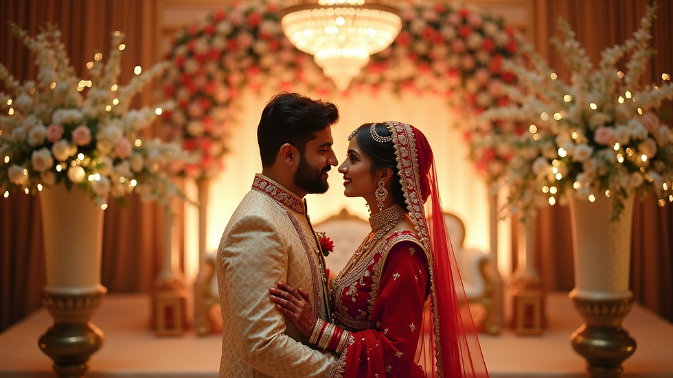 High angle view of wedding venue decorated with flowers and lights