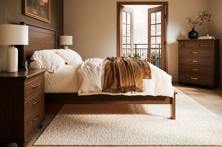 Eye-level view of a handcrafted Amish wooden dining table with intricate details