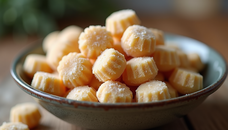 Close-up view of a bowl filled with frozen dog treats made from natural ingredients