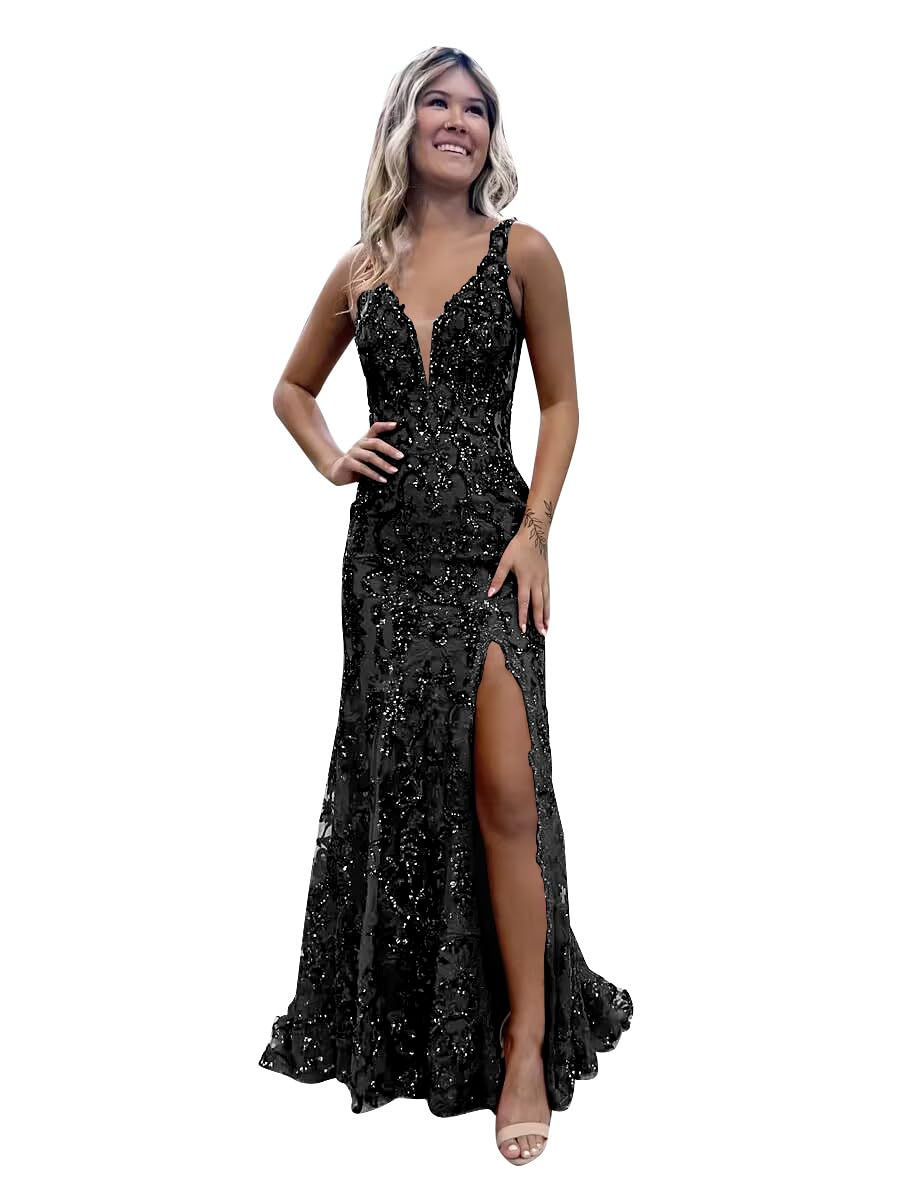 GUKARLEED Black Sequin Prom Dresses for Women Long Ball Gown V Neck Mermaid Form