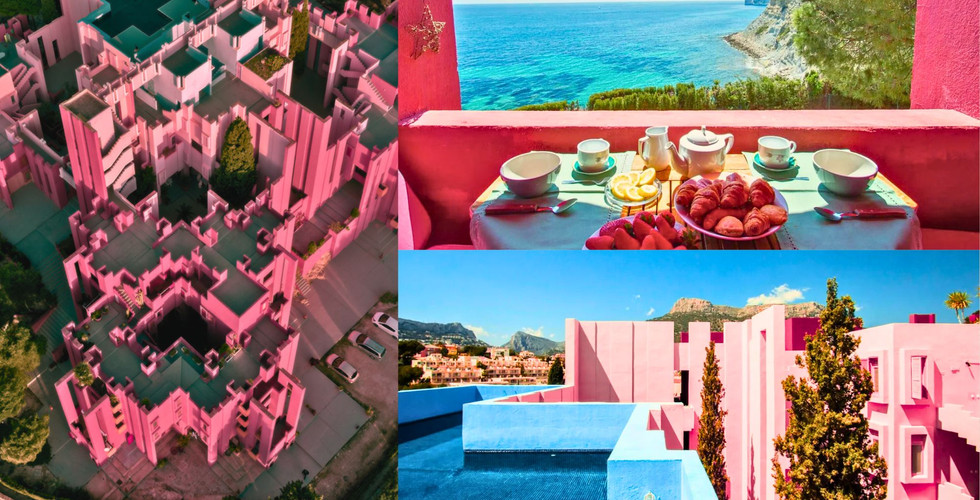 Close-up of contrasting blue and pink walls inside La Muralla Roja, adding a dreamy vibe to this iconic Instagrammable location.