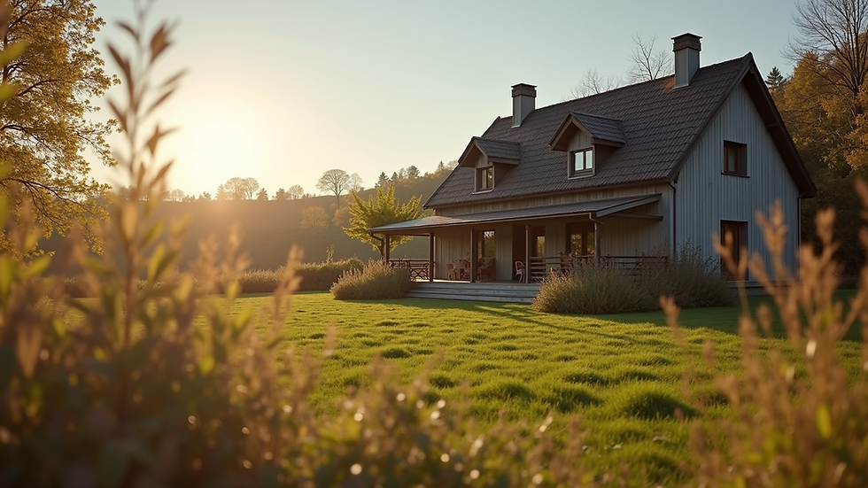 Eye-level view of a cozy guesthouse in a countryside setting