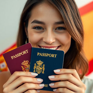 Mulher sorrindo com passaporte espanhol.