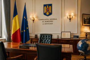 Sala de atendimento consular com as bandeiras da Romênia e da União Europeia ao fundo.