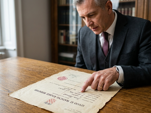 Consultor jurídico analisando documentos antigos para processo de cidadania croata.