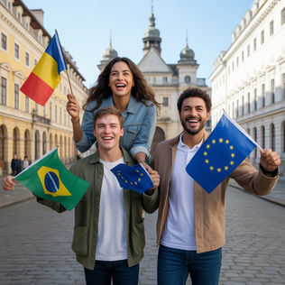 Família brasileira celebrando a conquista da cidadania europeia.