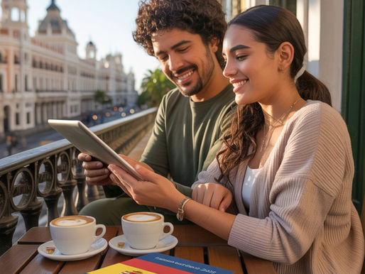 Jovem casal brasileiro, na sacada de um hotel na Espanha, analisa o guia de cidadania espanhola.