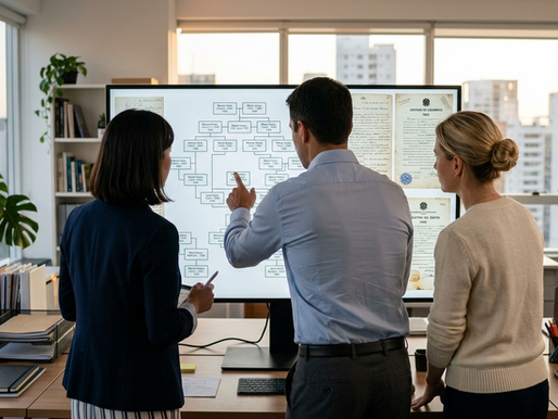Carolina, Ana Paula e Raphael em treinamento técnico de genealogia.