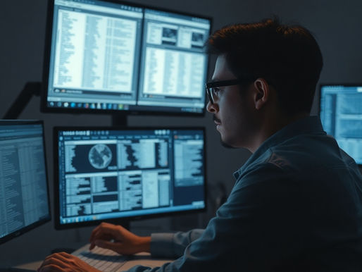 Pessoa analisando dados genealógicos em telas de computador.