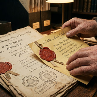 Mãos detalhadas manuseando registros históricos de imigração francesa com selos de cera e carimbos antigos de cartório.