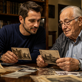 Neto e avô analisando fotos históricas da família e documentos para cidadania lituana.