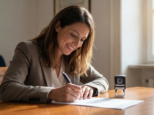 Requerente assinando documentos para a emissão do passaporte no consulado.
