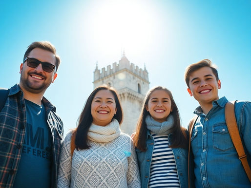Família feliz em frente à Torre de Belém celebrando a conquista da cidadania portuguesa.
