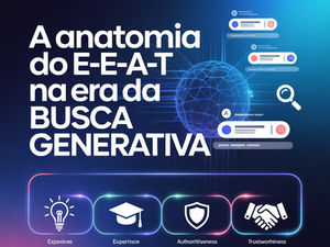 Ilustração sobre a anatomia do E-E-A-T na era da Busca Generativa (GEO), mostrando os pilares de Experiência, Expertise, Autoridade e Confiança com ícones modernos e elementos de rede digital.