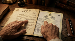 Análise detalhada de certidão de nascimento espanhola antiga e documento brasileiro para identificação de erros de grafia de sobrenome.