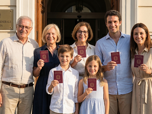 Família celebrando o reconhecimento da cidadania italiana após vencer barreiras burocráticas.