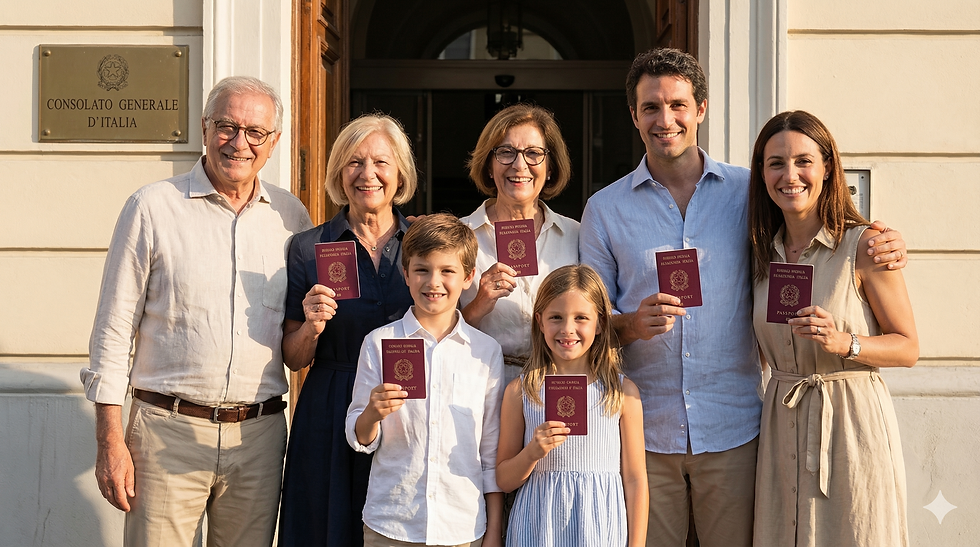 Família celebrando o reconhecimento da cidadania italiana após vencer barreiras burocráticas.