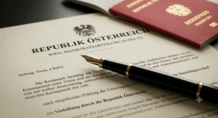 Caneta tinteiro elegante sobre documento legal austríaco antigo com passaporte ao fundo, representando o processo de cidadania.