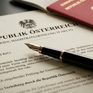 Caneta tinteiro elegante sobre documento legal austríaco antigo com passaporte ao fundo, representando o processo de cidadania.