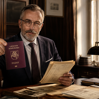 Consultor jurídico em um escritório segurando passaporte lituano e certidões históricas de cidadania.