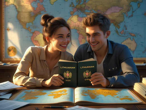 Casal revisando documentos com passaporte lituano sobre mesa e mapa da Europa ao fundo
