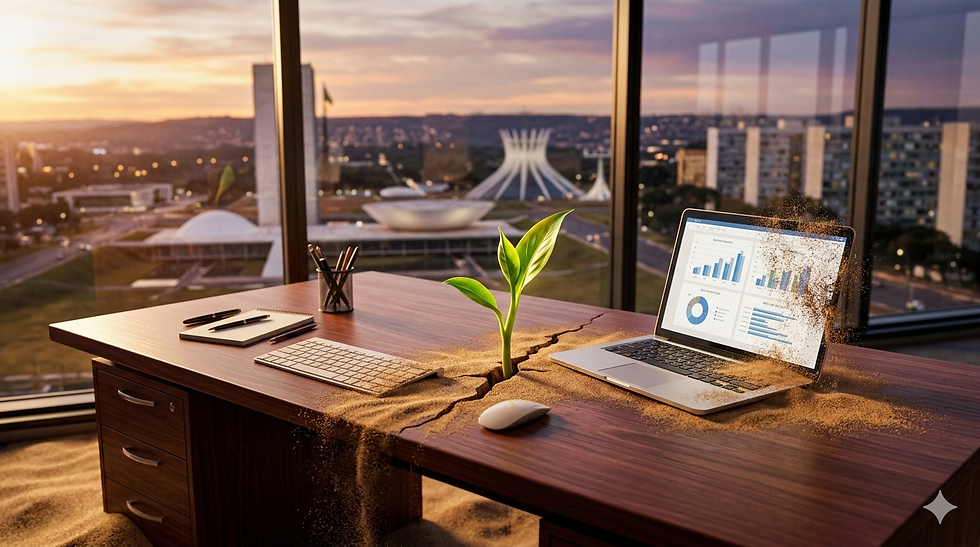 Metáfora visual do burnout e da renovação na saúde mental: um escritório desintegrando enquanto uma nova vida (saúde) surge através da terapia.