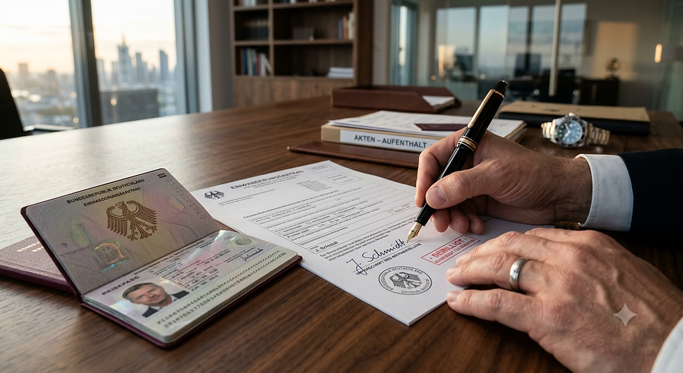 Passaporte alemão moderno aberto sobre mesa de escritório executivo com caneta luxuosa e documentos de nacionalidade.