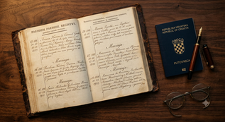 Livro de registro paroquial europeu antigo ao lado de um passaporte moderno da República da Croácia com brasão dourado sobre mesa de madeira