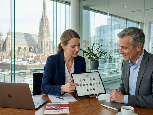 Consultor jurídico em Viena apresentando árvore genealógica para cliente interessado na cidadania austríaca
