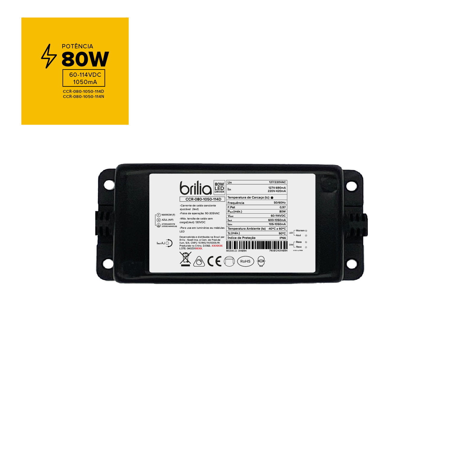 DRIVER DE CORRENTE AJUSTÁVEL CCR 80W 1050MA 60-114VDC IP66