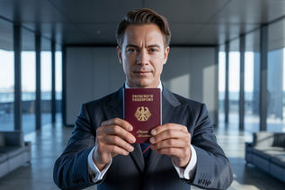 Profissional segurando passaporte alemão em escritório contemporâneo