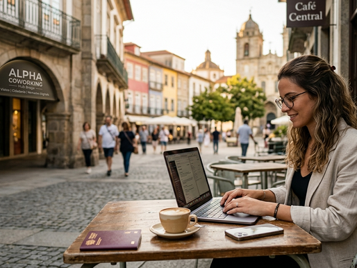 Jovem nômade digital trabalhando em um laptop em um café ao ar livre em uma praça histórica de Braga, Portugal. Sobre a mesa de madeira, há um café, um smartphone e um passaporte europeu bordô. Ao fundo, a arquitetura de pedra clássica e a entrada do Alpha Coworking Hub sob a luz do pôr do sol.