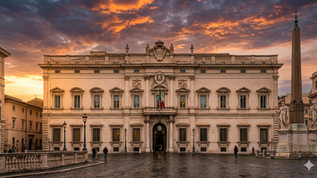 Fachada da Corte Costituzionale em Roma durante o pôr do sol.