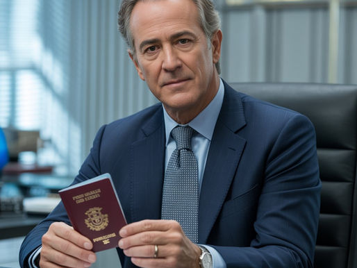 Consultor jurídico sênior da Alpha Cidadania segurando passaporte português em escritório em Lisboa.