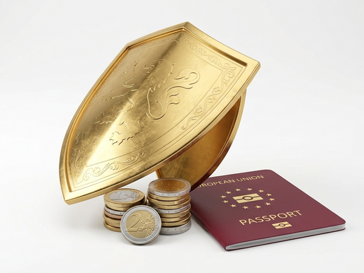 Escudo dourado protegendo bens e passaporte europeu, ilustrando blindagem jurídica.