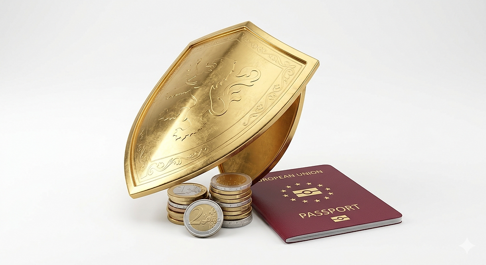 Escudo dourado protegendo bens e passaporte europeu, ilustrando blindagem jurídica.
