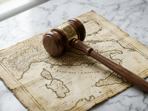 Martelo jurídico sobre mapa da Itália simbolizando a cidadania via judicial.