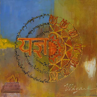 original painting, yajna, fire ceremony, sacred ritual, worship, mandala art, spiritual art, symbolism, karmic doorways,