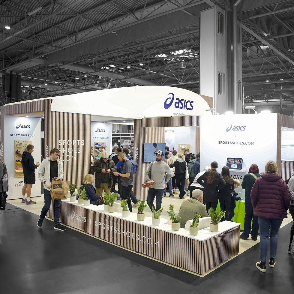 High angle view of a vibrant exhibition stand with colorful lighting