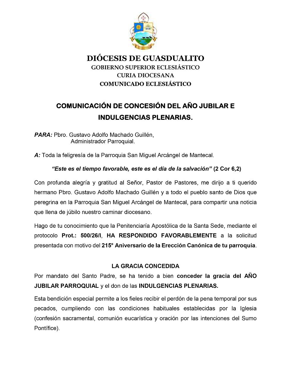 Concesión del Año Jubilar e Indulgencias Plenarias en la Parroquia San Miguel Arcángel de Mantecal