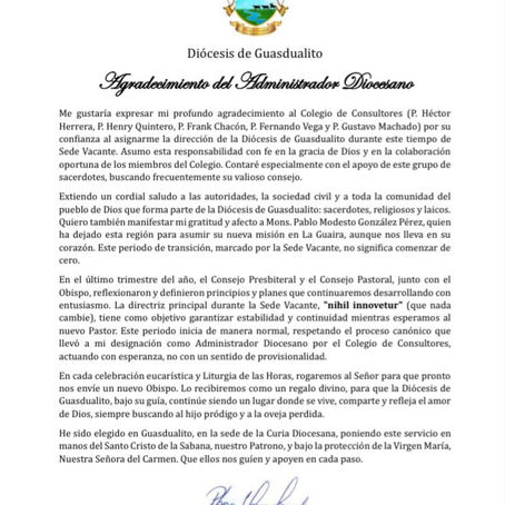 CARTA DE AGRADECIMIENTO - ADMINISTRADOR DIOCESANO