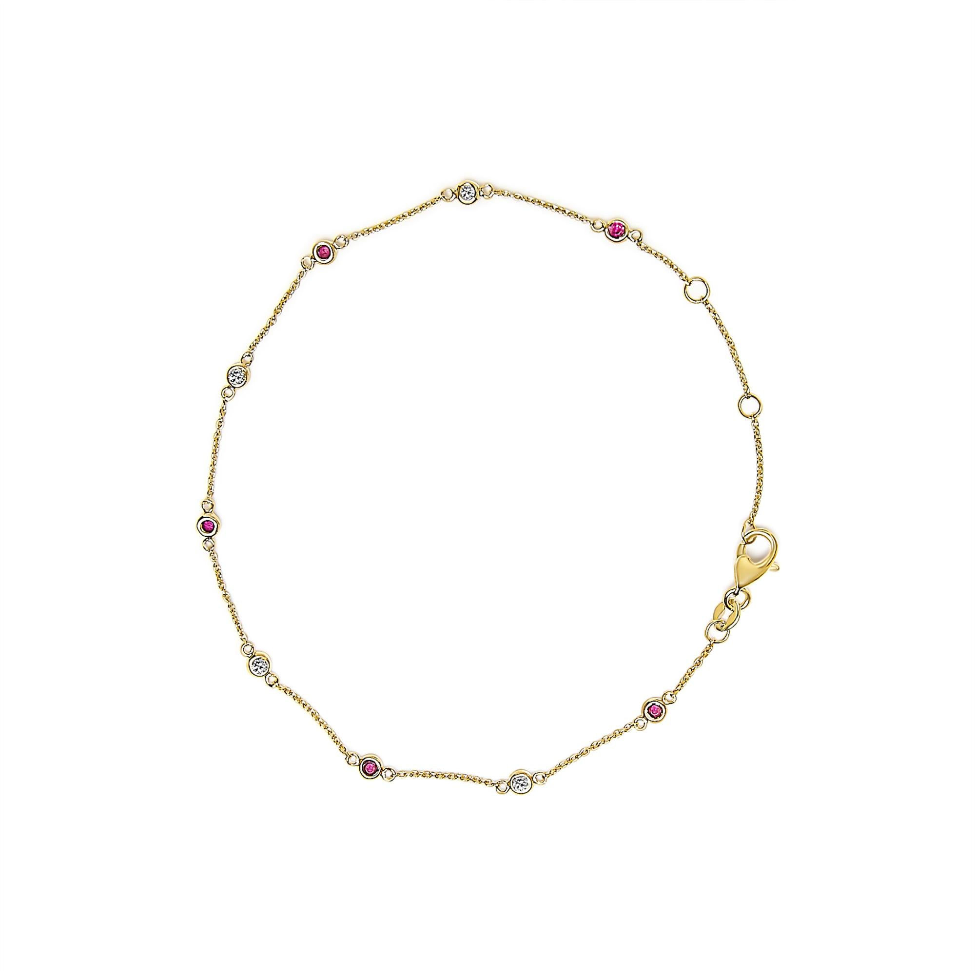 14K Yellow Gold Alternating Red Ruby and White Diamond Bezel Station Chain Brace
