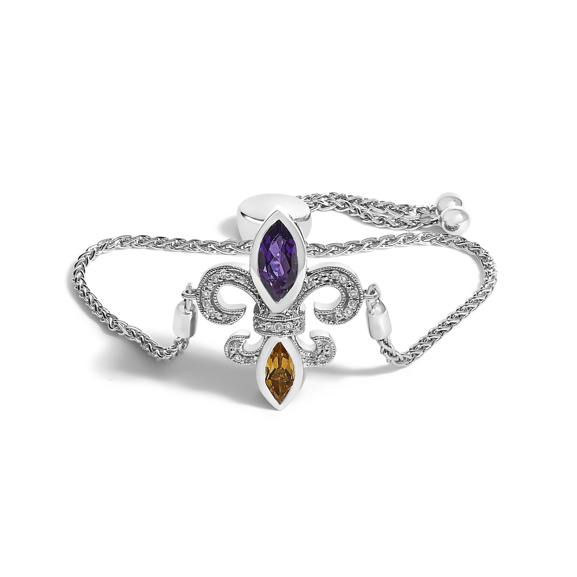 .925 Sterling Silver Marquise Purple Amethyst, Orange Citrine, and Diamond Accen