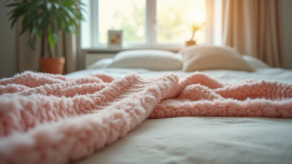 Eye-level view of a cozy living room with pastel-colored throw blankets