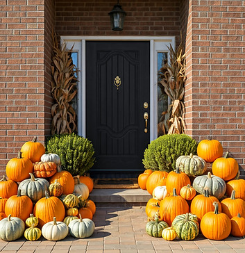 Stacked pumpkins and cornstalks decorating a brick porch.